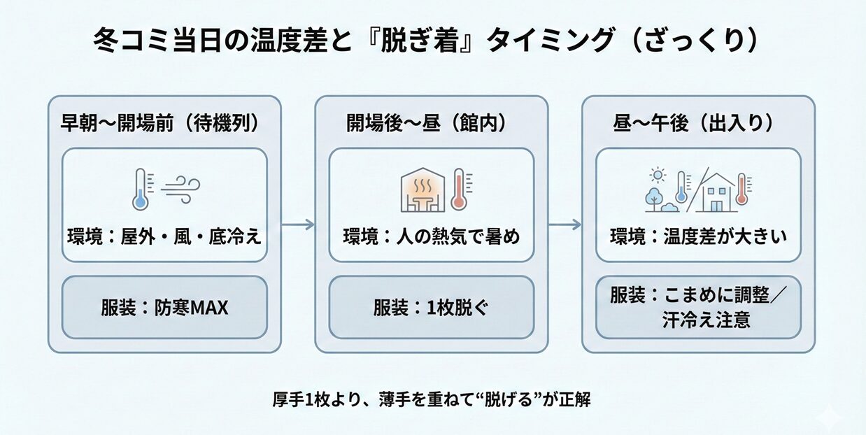 冬コミ当日の温度差と「脱ぎ着」タイミング(ざっくり
