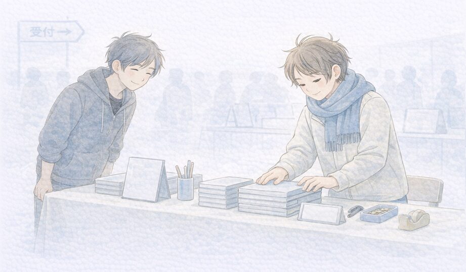 コミケ 当日の流れ：入場→設営→サークル受付（見本誌）→頒布→撤収