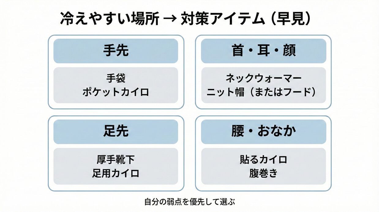 冷えやすい場所 → 対策アイテム(早見)