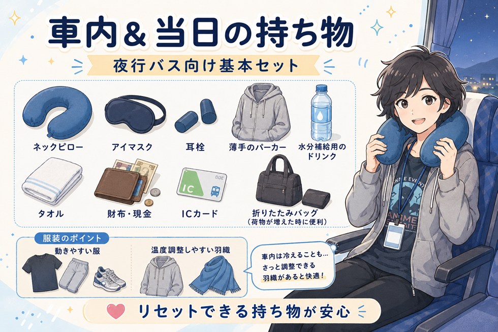 車内＆当日の持ち物・服装（夜行バス向け）