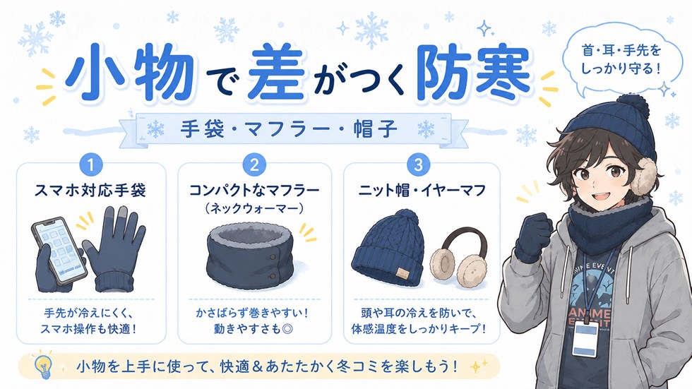手袋・マフラー・帽子：小物で差がつく冬コミ防寒