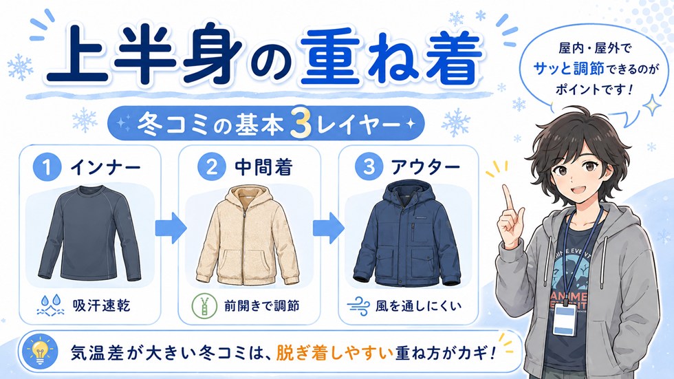 上半身：冬コミの重ね着レイヤー基本形