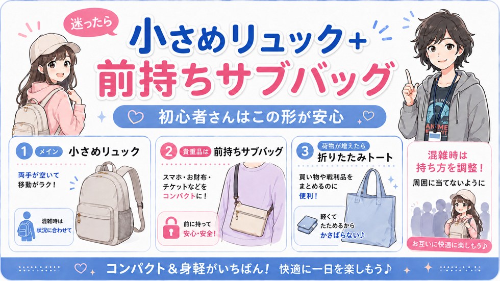 迷ったら「小さめリュック+前持ちサブバッグ」がいちばん安心