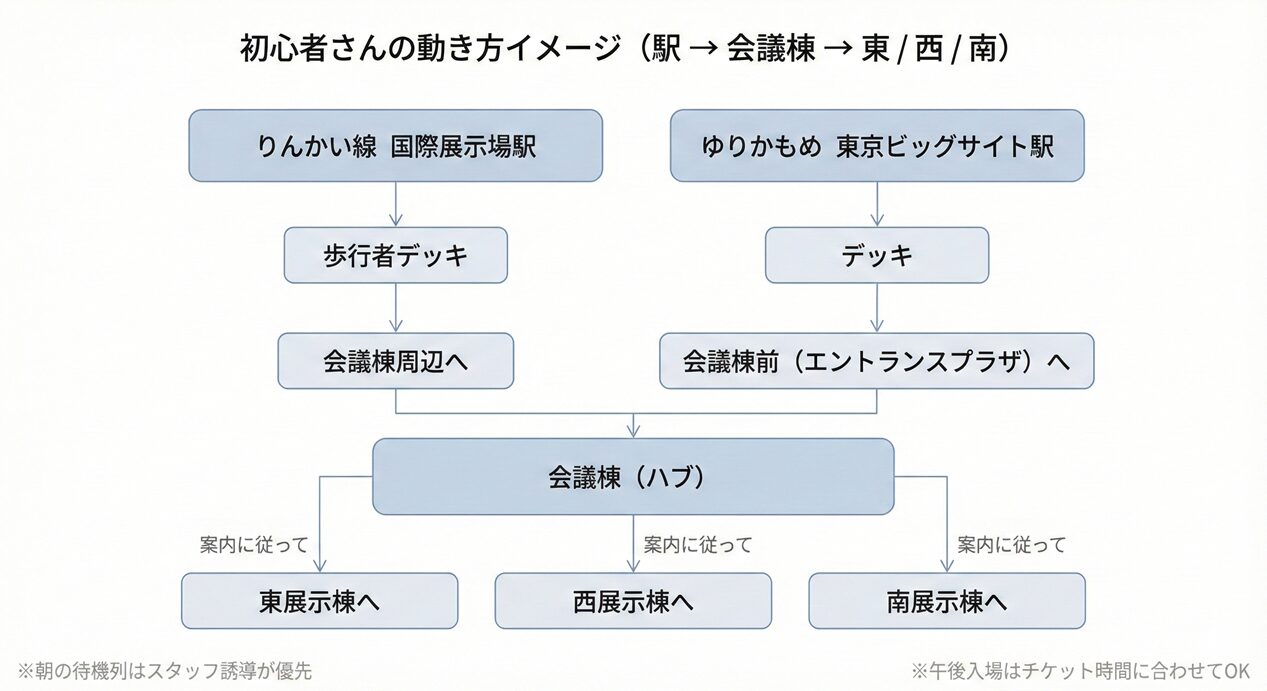 初心者さんの動き方イメージ（駅 → 会議棟 → 東／西／南）