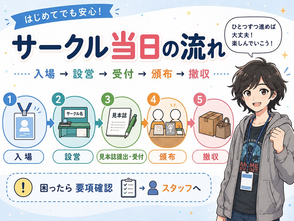 当日の流れ：入場→設営→サークル受付（見本誌）→頒布→撤収