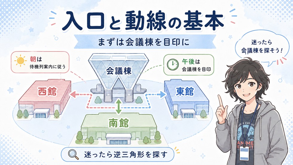 入口＆動線の基本イメージ｜まずは「会議棟」を目印に