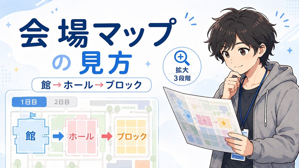 会場マップの見方|「参加日タブ」と「拡大3段階」を押さえよう