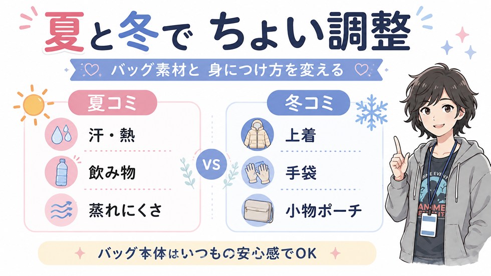 夏コミ・冬コミでの違い:カバン素材と“身につけ方”をちょっと変える