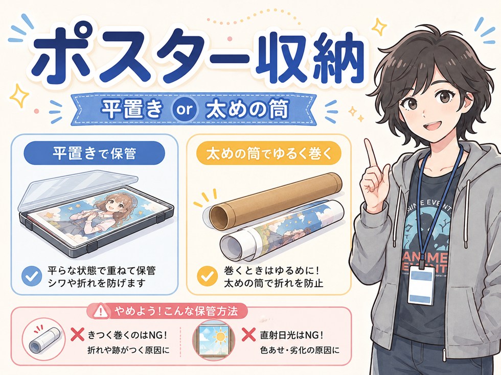 ポスター収納：基本は「平置き」か「太めの筒でゆるく巻く」です