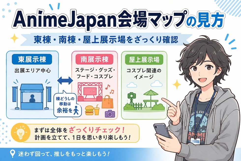 AnimeJapan会場マップの見方【東棟・南棟・屋上展示場】