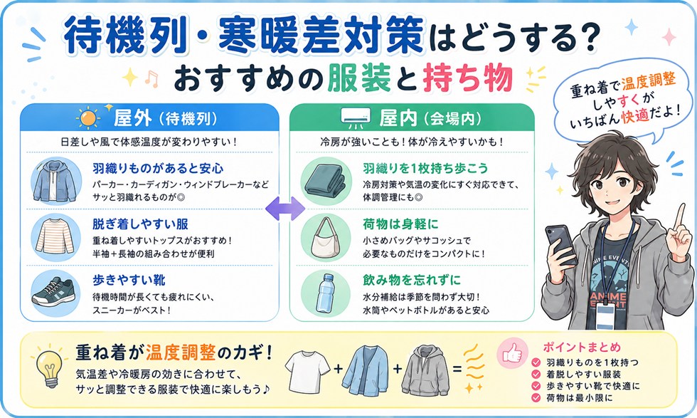 待機列・寒暖差対策はどうする？おすすめの服装と持ち物