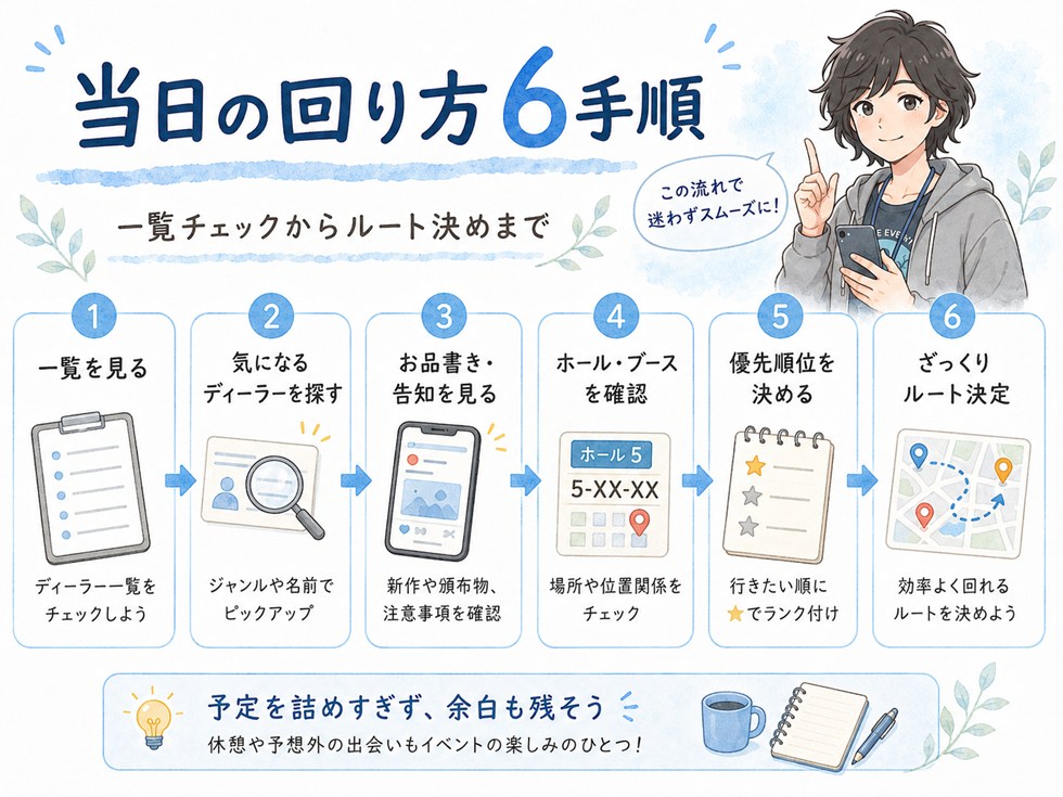 初心者向け：ディーラー一覧から当日の回り方を決める手順