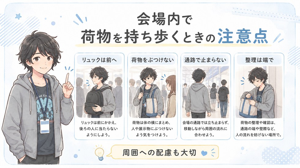 会場内で荷物を持ち歩くときの注意点