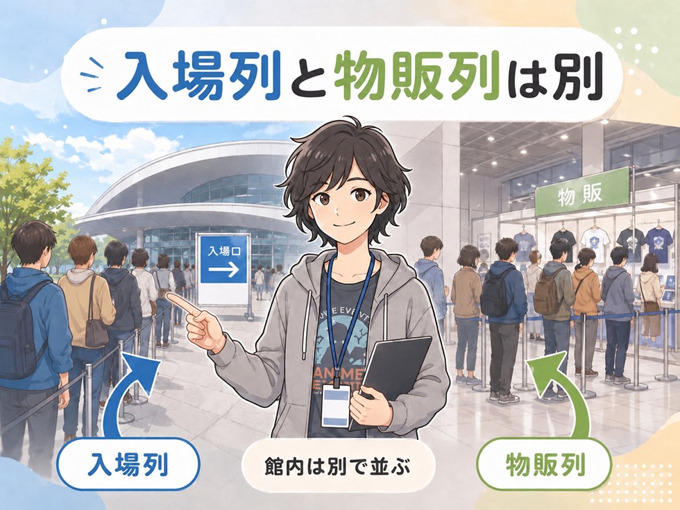 会場前の入場列と館内の物販列は別