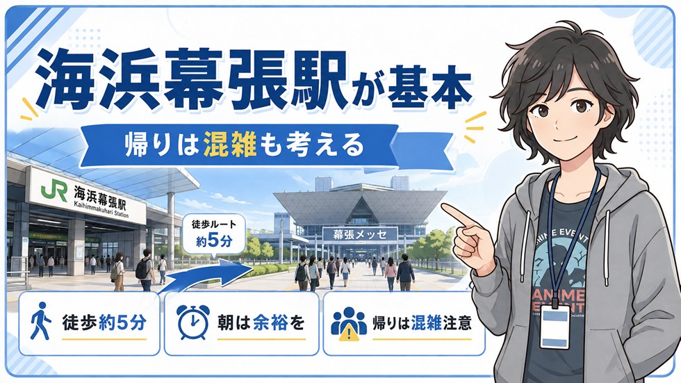 基本は海浜幕張駅、帰りは混雑も考えておく